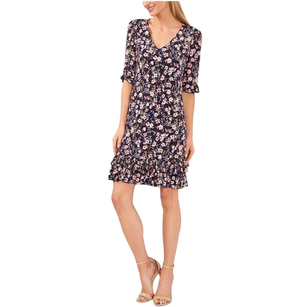 Cece Women's Floral-Print Elbow-Sleeve Ruffle Shift Dress Size Small